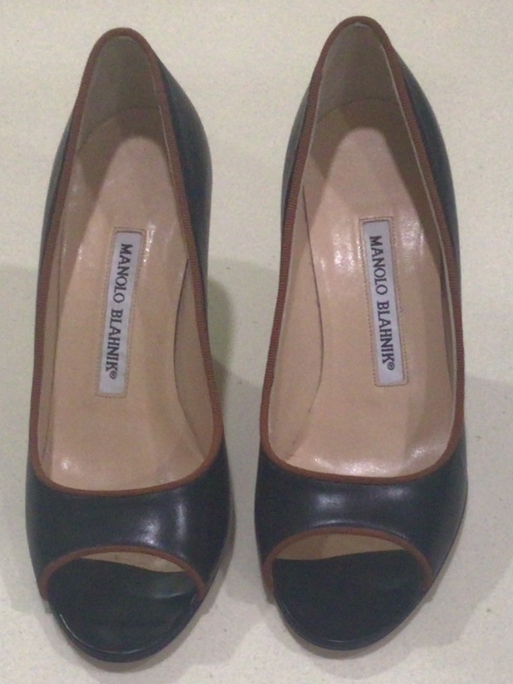 Manolo Blahnik Black Peep-toe heels with tan trim size 35.5